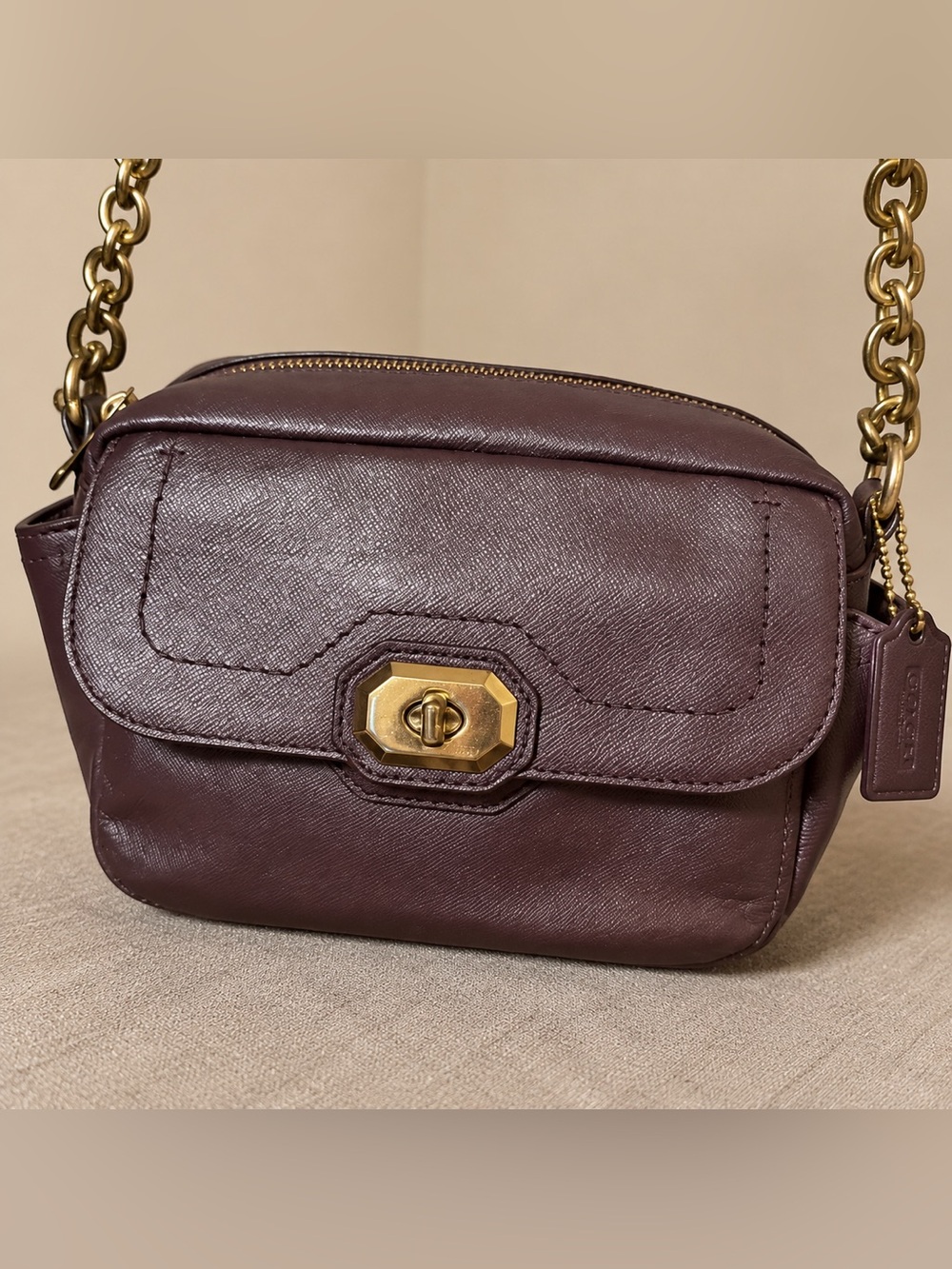 Coach Campbell turnlock Bag in Deep Plum with Gold Hardware 2 Coach tags.